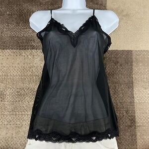 Enchanting Black Lace Trim Sheer Camisole Slip Tank Top Womens Size L